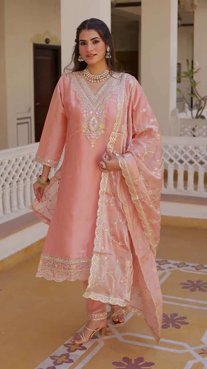 Women's Silk Heavy Embroidery Sequence Work Top-Bottom Straight Kurti With Pant and Dupatta set